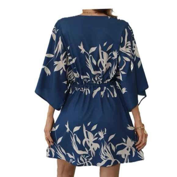 CUPSHE DRESS OVERSIZED SZ M  FLARED SLEEVES NAVY BLUE TAN BEACHY CHIC SUMMER - Picture 2 of 16